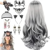 DFADKYWU Halloween Perücke Damen, Lange Gewellt Silber Grau, Hexenperücke Gotisch Halskette Armbänder, Perücke, Perücke Damen Grau, für Halloween, Karneval, Maskerade und Cosplay