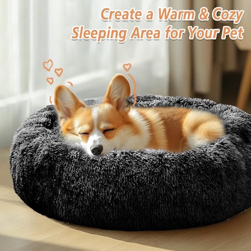 Image of JOLLYVOGUE Calming Dog Bed Medium Size Dog, 31in Donut Washable Medium Pet Bed, Anti-Slip & Anti-Anxiety Fluffy Faux Fur Round Dogs Bed, Fits up to 45 lbs Pets (Black)