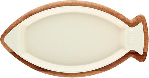 Miniatura 3 de Sartén de hierro fundido esmaltado con forma de pez con bandeja de servicio de madera, tres capas de parrilla de hierro fundido recubierto de