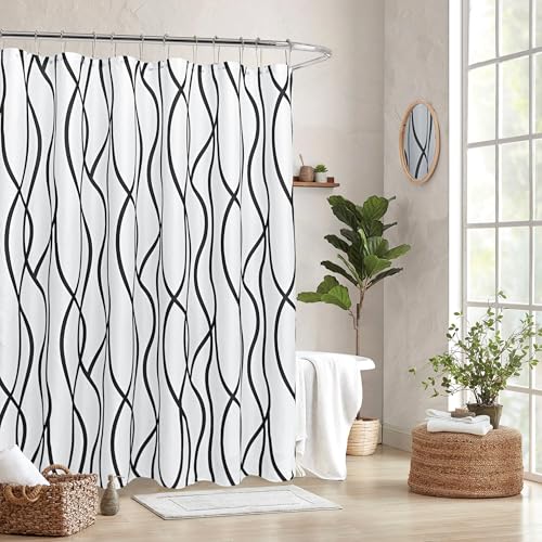 Biscaynebay Textured Fabric Shower Curtain 72 Inches by 72 Inches Black Printed Striped Linen Modern Hotel Luxury Quality Cloth Bathroom Curtains Machine Washable