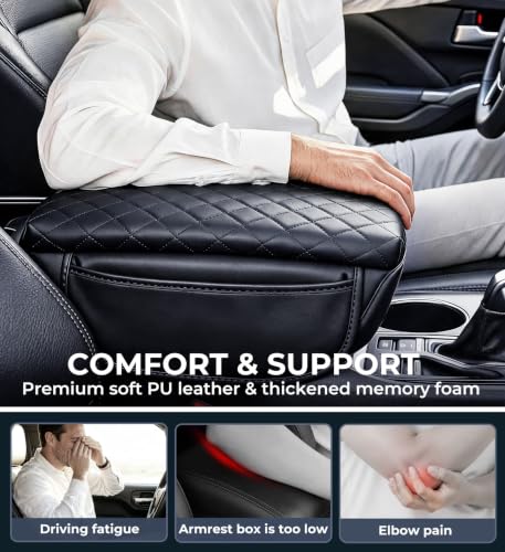 Image of Center Console Cover for Honda Pilot 2023-2026 & Passport /Ridgeline 2024-2026, 1.2-Inch Thick PU Leather Middle Armrest Cushion Protector Pad with 2 Side Pockets, Black