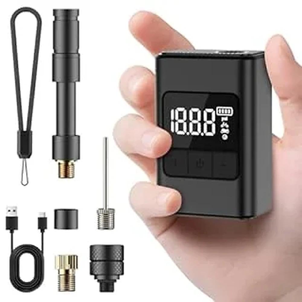 Pompe à Vélo Electrique Mini Pompe Portable avec Manometre LED Max 120 PSI avec Fonction d'arrêt Automatique du Gonflage Valves Presta et Schrader Idéale Vélos Ville VTT Velo Electrique Route et Moto