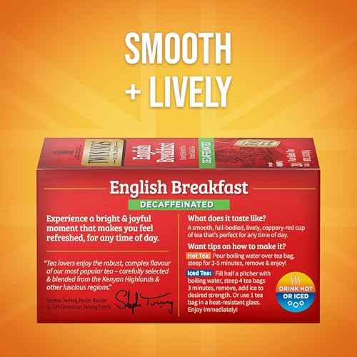 Image of Twinings Decaffeinated English Breakfast Individually Wrapped Bags, 20 Count (Pack of 1), Flavourful & Robust, Enjoy Hot or Iced, 20 Teabags