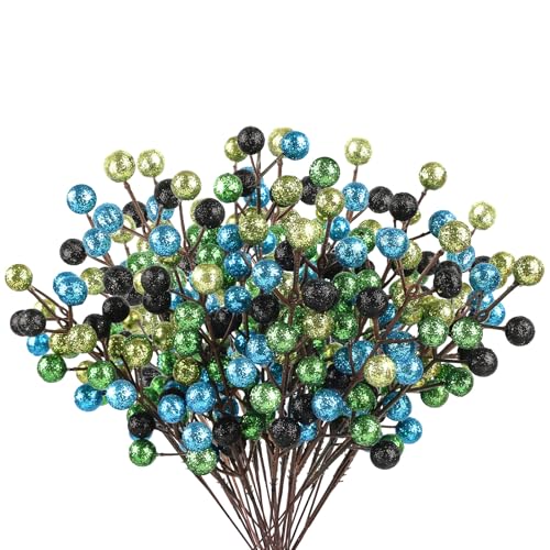 24Pack Glitter Schwarz Blau Grün Beeren Stiele, Künstliche Holly...