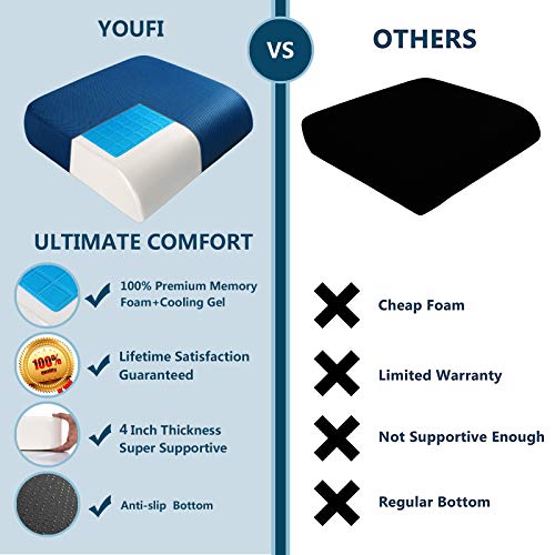 Youfi Extra Thick Large Seat Cushion -19 X 17.5 X 4 Inch Gel Memory Foam Cushion With Carry Handle Non Slip Bottom - Pain Relief Coccyx Cushion For Wheelchair Office Chair (Blue (1Pack)) #TOP4