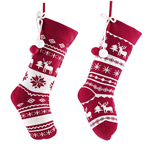 Valery Madelyn 46 cm Lot de 2 Bas de Noël en Laine Tricotée Rouge Blanc, Chaussettes de Noël à Remplir et Suspendre, Bas de Noël pour Cheminée Remplissage, Emballage Réutilisable Cover