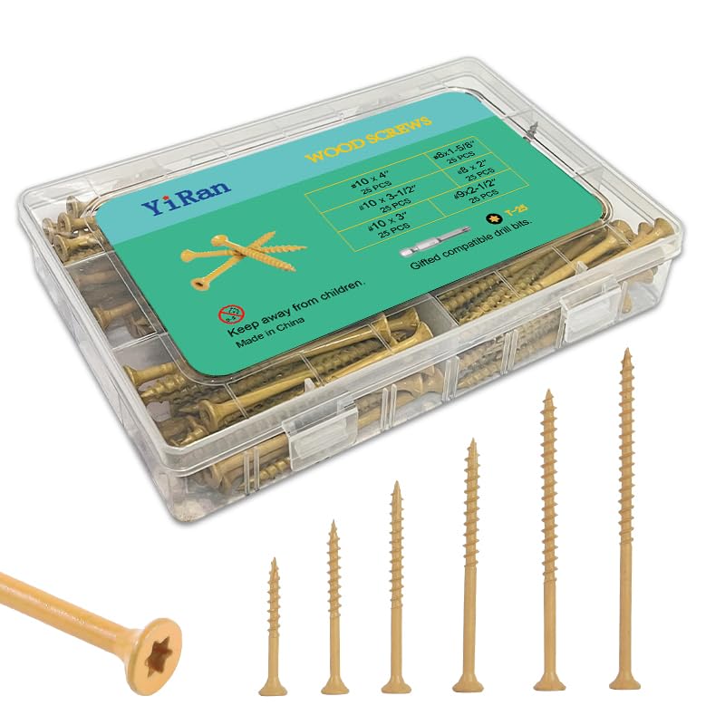 YIRAN Deck Screws Wood Screws Assortment Kit, 150 PCS, Wood Screws,Screws, Drywall Screws, Screws Set,6 Sizes(1-5/8,''2,''2-1/2,''3,''3-1/2,''4,''),