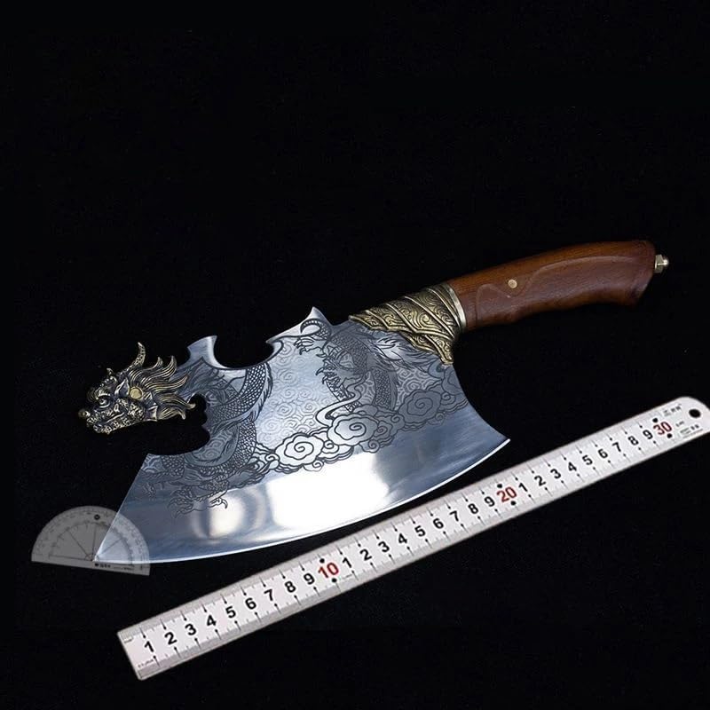 Meat Cleaver Knife, 9 Inch Chopper Knife Butcher Machete Cutter Bone Handmade Longquan Kitchen Knives Poultry Tools Copper Dragon Head Decor Hatchet