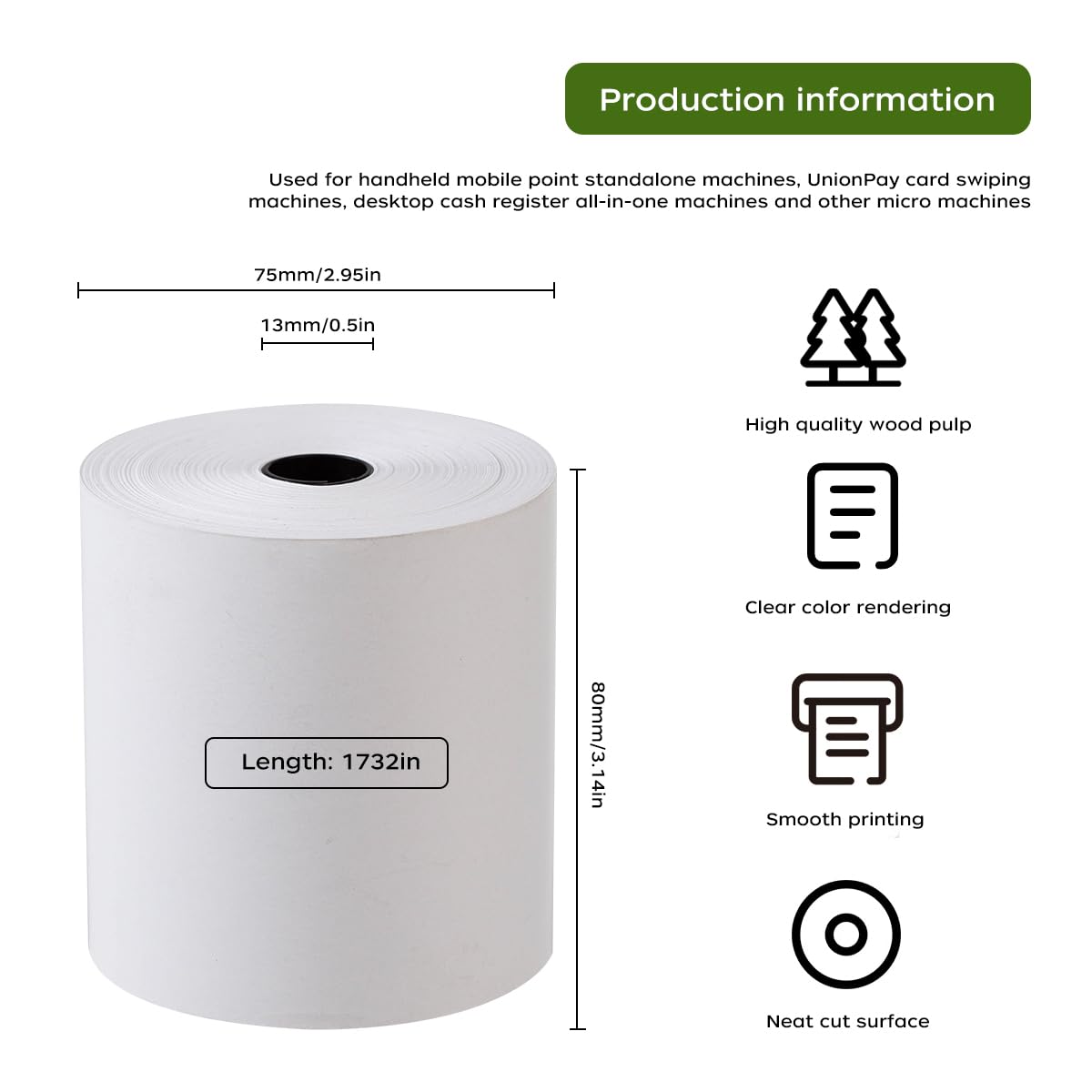 6 rolek papieru termicznego klasy premium, 80 x 80 mm, rolki kasowe, do drukarki EPOS, terminala POS i systemu kasowego, rdzeń papieru: Ø 13 mm, nie zawiera BPA, kolor biały