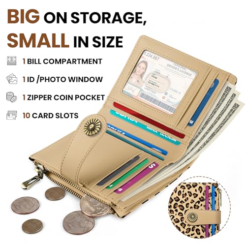 Image of Small Wallet for Women, RFID Blocking Bifold Card Holder Wallet with 10 Card Slots, Cash Compartment, Zipper Coin Pocket & ID Window, Cute Soft Vegan Leather Compact Wallet, Leopard