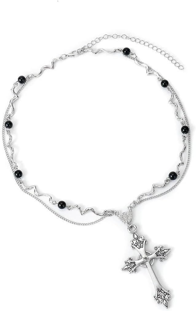 Layered Chunky Cross Pendant Necklace for Women,Gothic Wavy Black Bead Statement Collarbone Necklace,Trendy Party Halloween Jewelry Accessories Gift - Image 7