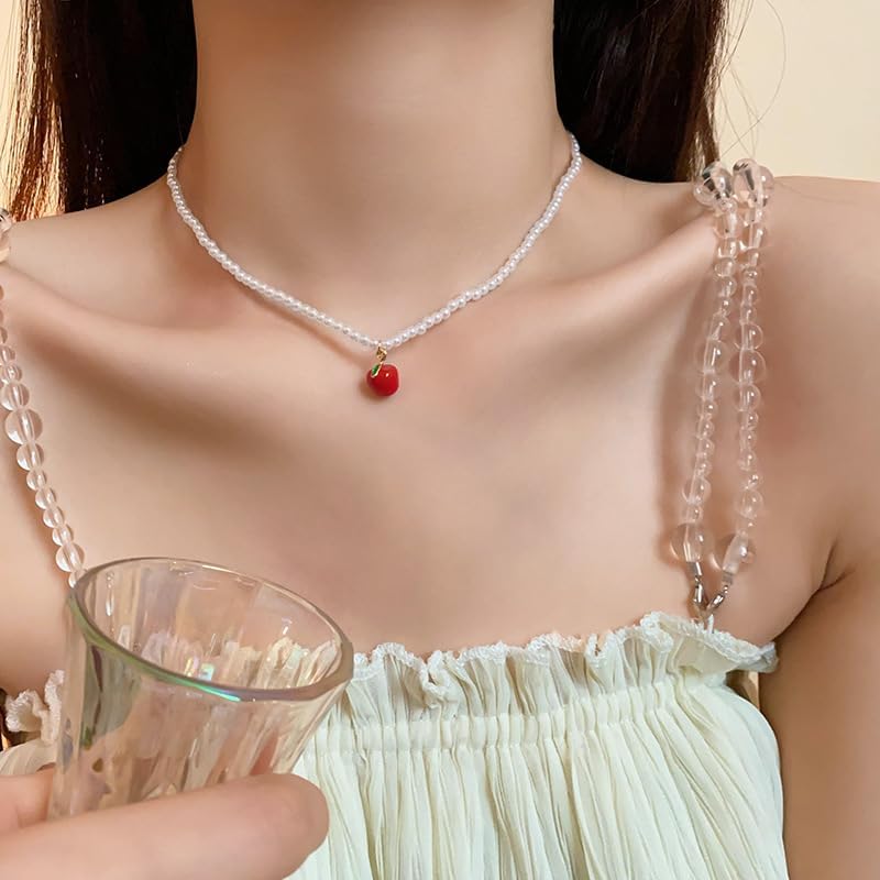 Red Apple Pearl Choker Necklace For Women Gold Sweet Adorrable Pearls Beaded Clavicle Chain Necklaces Lovely Handmade Green Leaf Pendant Fresh Cute Tropical Fruit Charm Summer Holiday Jewelry Gifts - Image 6
