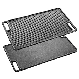 Velaze Cast Iron Griddle & Grill Pan for Gas & Electric Hobs - 45.5 x 26cm, Double-Sided Usable for BBQ, Camping & Garden
