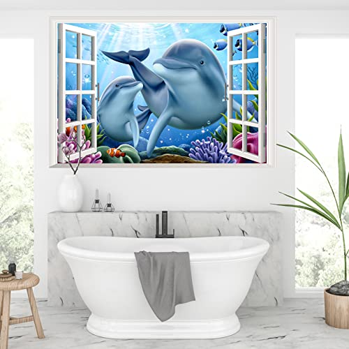 3D Sea World Fake Window Sticker, Dolphin Sea Turtle Tropical Fish Sea Life Wall Decals, Peel And Stick Removable Window Decoration, Boys And Girls Bedroom Living Room Wall Decor,23.6”×35.4'' #TOP6