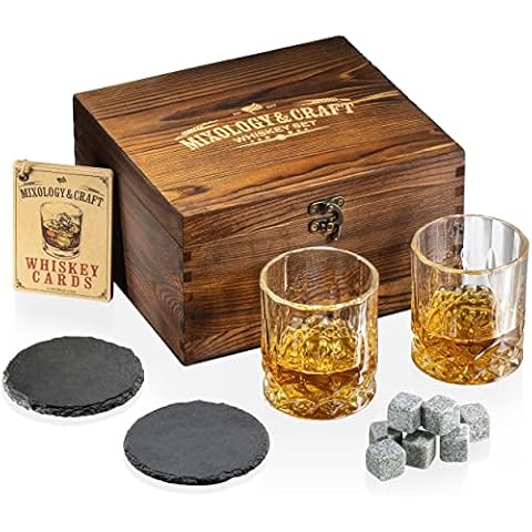 Mixology & Craft Whiskey Set: 2 Glasses, 8 Stones, Coasters & Cards Cover