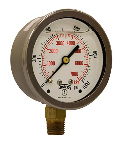 Image of Winters 2-1 /2 inch Dial Size, Liquid Filled Industrial Pressure Gauge, Brass Internals, 304 Stainless Steel Case, Single Scale 0-1,000 psi, 1.5% Acc, 1 /4 inch NPT Bottom Mount, Glycerin Filled Pressure Gauge