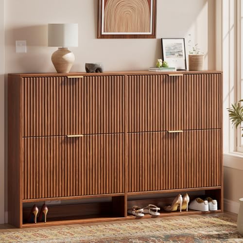 Image of Evermagin 47.2''W Walnut Shoe Cabinet Storage for Entryway, Fluted Slim Shoe Dresser with 4 Flip Drawers, Narrow Shoe Rack Cabinet, Hidden Shoe Organizer Cabinet for Entrance, Hallway