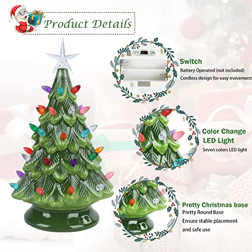 Small Ceramic Christmas Tree Hand-Painted Vintage Tabletop Christmas Tree Holiday Decoration With Multi-Color Lights Green Christmas Tree 12.2 Inch #TOP1