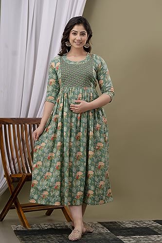 Image of Maternity Feeding Kurti for Women | Cotton Blend Anarkali Dress with Nursing Zip for Pre & Post Pregnancy