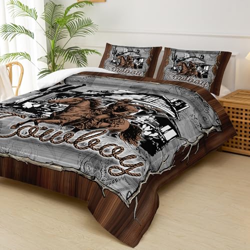 Image of Brown Western Cowboy Comforters King Size,Boys King Size Bedding Set Cowboy Themed,with 1 Comforter with 2 Pillow Case,Western Bedroom Decor for Boys Men Kids