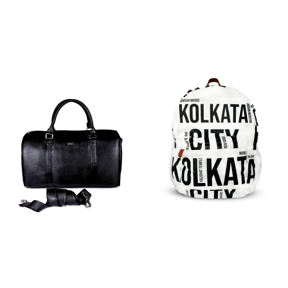 Pure Leatherette 23 Liters Duffle Bag/Cabin Baggage/Travel Bag for Men and Women (Black) + Air Backpack White Kolkata City Print 20L Lightweight Waterproof Anti-Theft Nylon Laptop-image-30