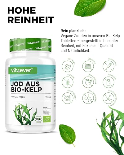 vit4ever Bio Kelp (Natürliches Jod) - 365 Tabletten mit je 200 µg Jod aus Bio-Braunalgen - Ohne unerwünschte Zusätze - Hochdosiert - Vegan
