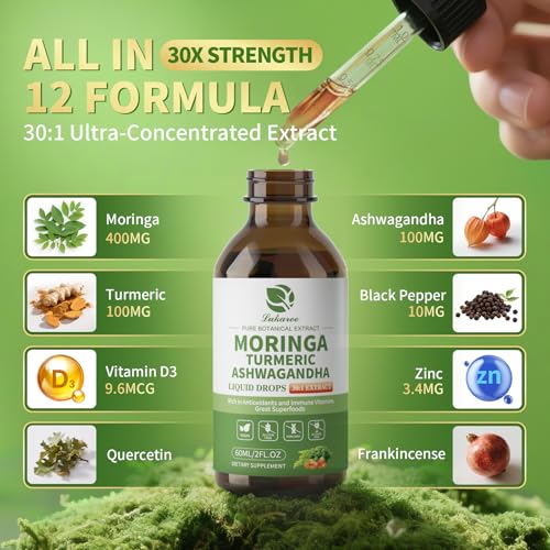 Image of 12-in-1 Organic Moringa Drops with Ashwagandha Turmeric Quercetin, Lipsomal 98% Absorption & Extract for Energy Immune Joint Digestive Metabolism, Vegan Non-GMO, More Potency Than Moringa Powder