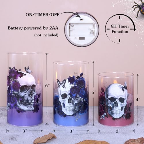 Image of Halloween Glass Flameless Candles Romantic Gothic Skull Floral Battery Operated Remote Timer Flickering LED Pillar Candle for Wedding Party Goth Bathroom Decor