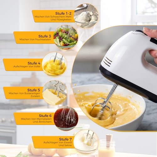 Elektrischer Handmixer mit 7 Geschwindigkeitsstufen – Ergonomischer Mixer mit Turbo-Funktion, Edelstahl-Zubehör und spülmaschinengeeigneten Teilen, perfekt zum Rühren von Teig und Schlagen von Eiern