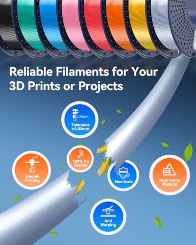 Image of JAYO Silk PLA Filament Bundle 1.75mm, Silk 3D Printer Filament Bundle Multicolor, Individually Vacuum Packed, 8 Pack, Shiny Silk 2KG in Total, Light Gold+Silver+Black+Blue+Red+Green+Orange+Pink