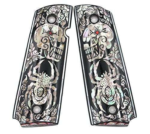 Spider & Skull Black Art Mother of Pearl Grips for 1911 Standard Full Size Colt Government and Commander Kimber, Springfield, Remington, Taurus PT 1911, Smith&Wesson by Handmade