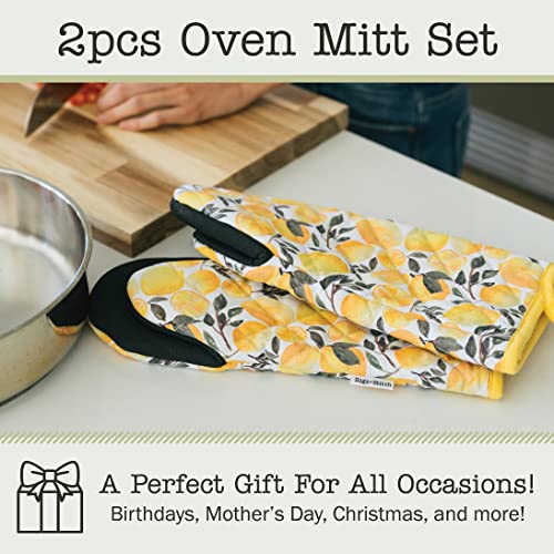 Sage+Stitch Heat Resistant Designer Kitchen Oven Mitts With Neoprene Non-Slip Grips And Hanging Loops | Set Of 2 100% Cotton Long Sleeve Kitchen Oven Mitts | 5.5" X 12" | Yellow Lemons #TOP4