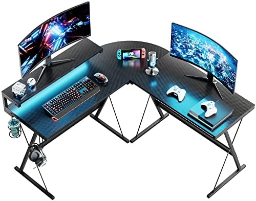 Bestier L Shaped Gaming Desk 140CM Computer Desk with LED Lights Corner Desk with Cup Holder and Headphone Hook Modern Workstation Ergonomic for Home Office