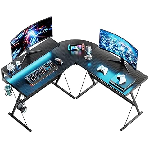 Bestier L Shaped Gaming Desk 140CM Computer Desk with LED Lights Corner Desk with Cup Holder and Headphone Hook Modern Workstation Ergonomic for Home Office Cover