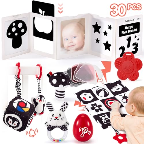 hahaland Juguetes Bebes 0-3 Meses - Blanco y Negro Sensorial Juguetes para Bebes 0 3 6 Meses, Tummy Time Juegos de Estimulación Regalos Bebe 0-6 Meses 30 Piezas Set