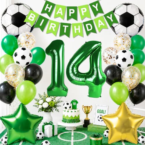 OIWLCI Soccer Birthday Party Decorations, Green Number 14 Balloon, Black and White Soccer Balloons, Happy Birthday Banner for Football Party Decorations (Green, Number 14)