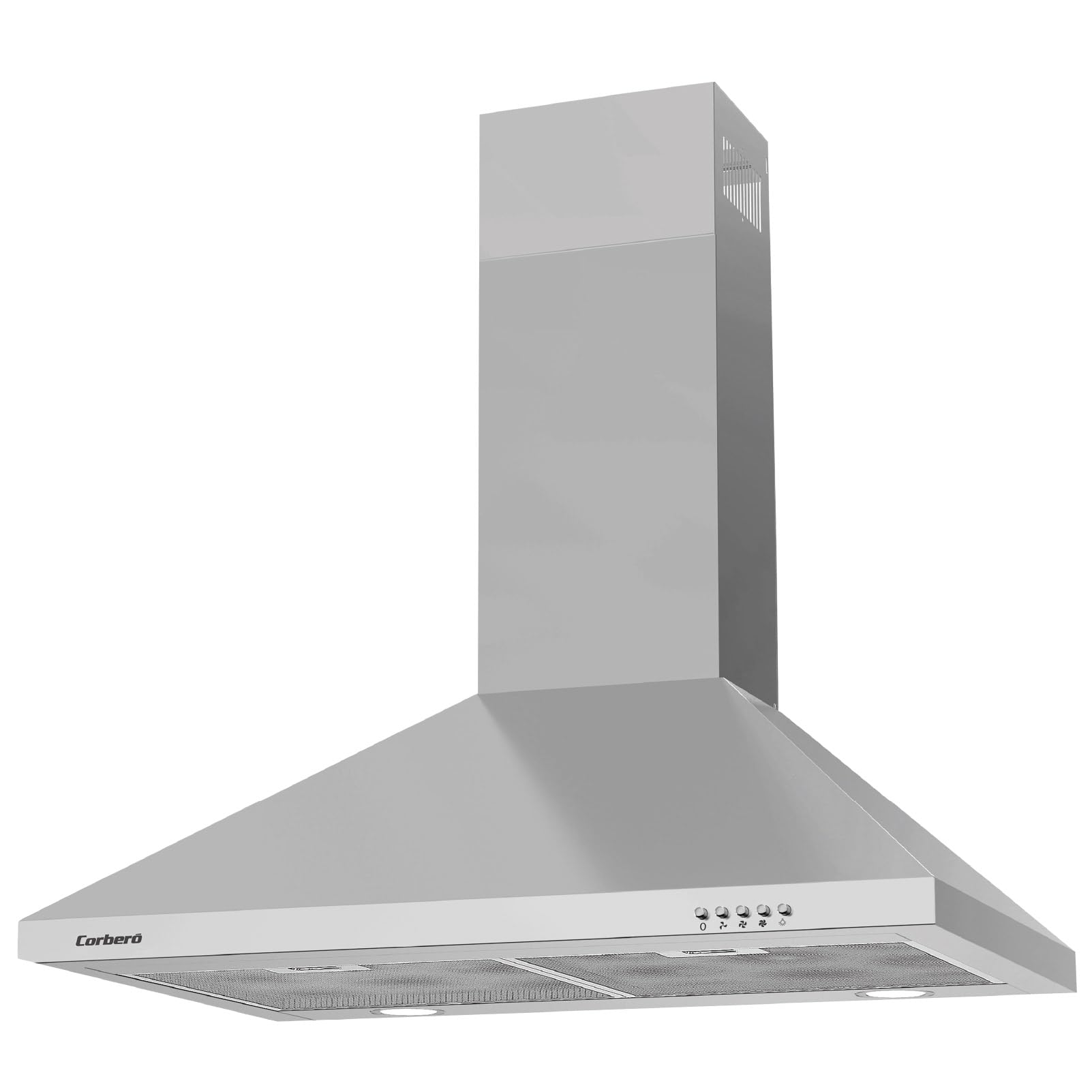 Corberó - Ozdobny dzwonek piramidowy Inox | 70 cm | KURAMATHI760X | Przepływ 621,71 m3/h | 165W | 3 prędkości | 2 filtry aluminiowe | Filtr węglowy | Efektywność energetyczna A, stal nierdzewna