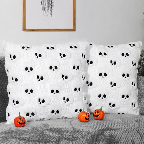 Yuubin Skull Halloween Decor-Throw Pillow Covers 18x18in Set of 2 Retro Plush Pillow Case for Couch Fall Holiday Outdoor Black Decorations