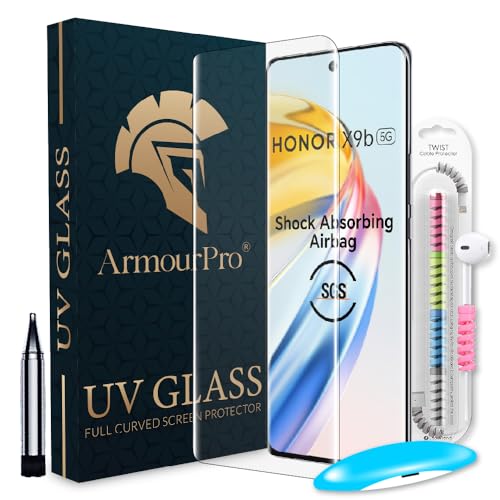 Image of ArmourPro Military Grade UV Tempered Glass Screen Protector for Honor X9b 5G with Edge to Edge Coverage, Cable Protector & Installation kit (6.78 Inch)