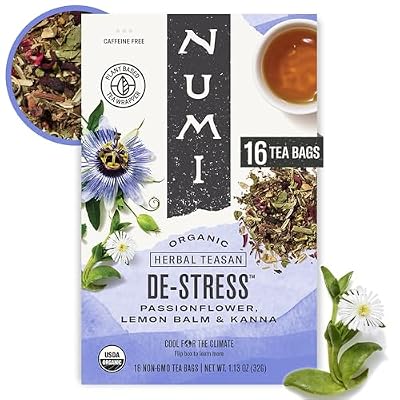 Numi Organic De-Stress Tea Bags, 16 Tea Bags, Passionflower, Lemon Balm, and Kanna, Caffeine Free