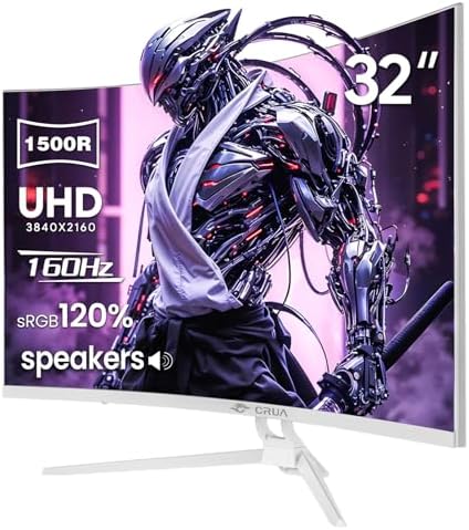 CRUA 32" 4K UHD 160Hz Curved Gaming Monitor, 1500R, AMD FreeSync, White | 3840x2160 VA, 120%sRGB, Built-In Speakers, HDMI 2.1/DP 1.4 and 75x75mm Wall Mount for Gaming, Streaming, Editing and Work