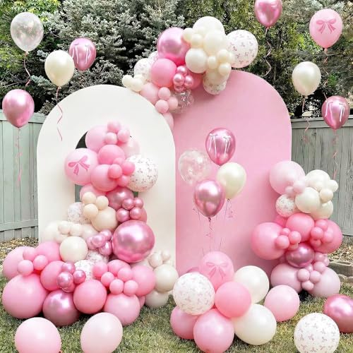 Image of Pink Bow Balloons, 60PCS Double Stuffed Pearl White Light Pink Balloon, 12 Inch Pastel Pink White Bow Printed Balloons with Ribbon for Girls Birthday Baby Shower Wedding Coquette Party Decorations