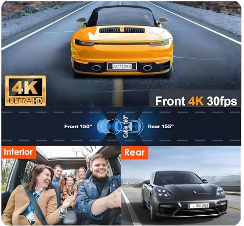 3 Channel 4K WiFi Dash Cam, 4K+1080P+1080P Front Inside and Rear, Triple Dash Camera with 32GB Card, APP Control, G-Sensor, 24 Hours Parking Mode, Loop Recording, Night Vision — view 2