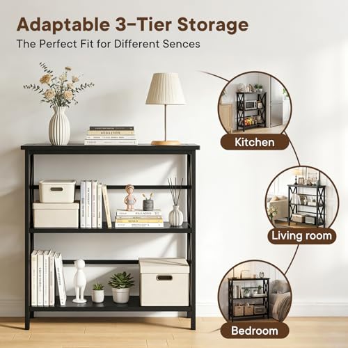 DUMOS 3 Tier Bookshelf, Short Book Shelf Organizers with Wood Shelves, Sturdy Wood Frame, X-Design Storage Organizer for Living Room, Home Office,Bedroom, Black by DUMOS - Image 4
