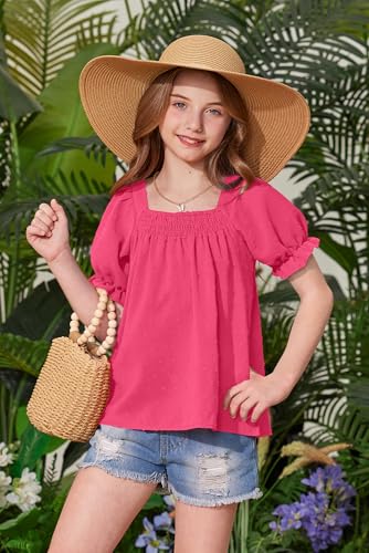 Image of BesserBay Girls Summer Puff Short Sleeve Square Neck Tee Shirts Ruffle Smocked Blouses Cute Swiss Dot Tops 5-14 Years