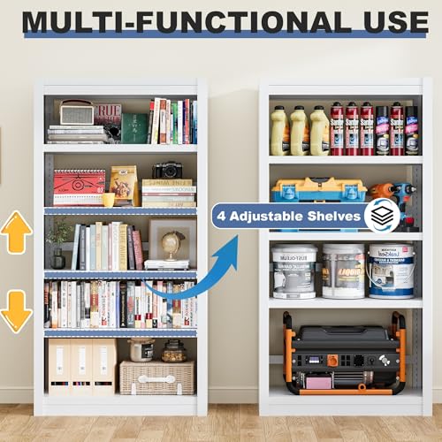 Image of 61 inch Metal Bookshelf, Small 5 Shelf Bookcase, 5-Tier, White | Adjustable Shelves, Heavy-Duty Metal, Modern Style, Anti-Tip Design, Ideal for Living Room, Home Office, Study Room