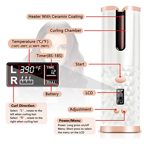 Cordless Automatic Hair Curler-KFF Portable Electric Wand Curling Iron-Recharger Auto Crimper Hair Waver with LCD, 6 Temperature & Timer Settings, Auto Shut-Off Hair Styling Tools for Women