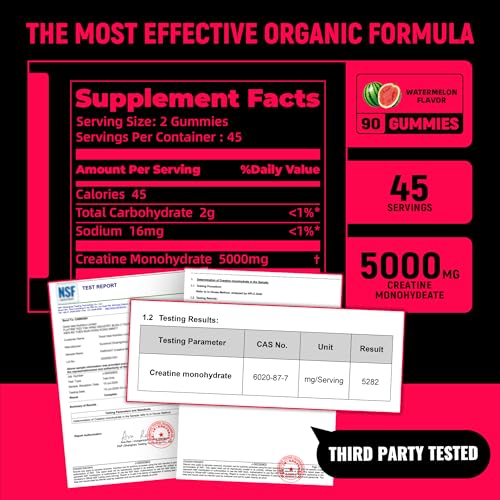 Image of NSF Certified Creatine Gummy - Creatine Monohydrate Gummies 5g for Men & Women - Boost Focus,Strength, and Endurance, Vegan, Gluten-Free, Non-GMO, 2.5 Gram Creatine per Gummy ( Watermelon 90 ct)
