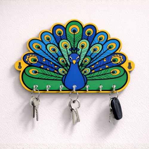 Image of Holder for Home Decor Stylish | Key Hangers for Wall | Wooden Key Stand for Wall (7 Hooks, Peacock)