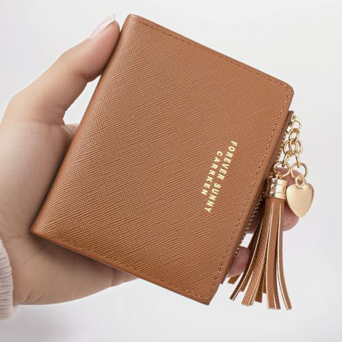 Image of KOTORA Womens Small Wallet Girls Tiny Slim Wallets Pretty Mini Card Holder Thin Short Zip Coin Purse with Love Pendant and Tassels (Brown)